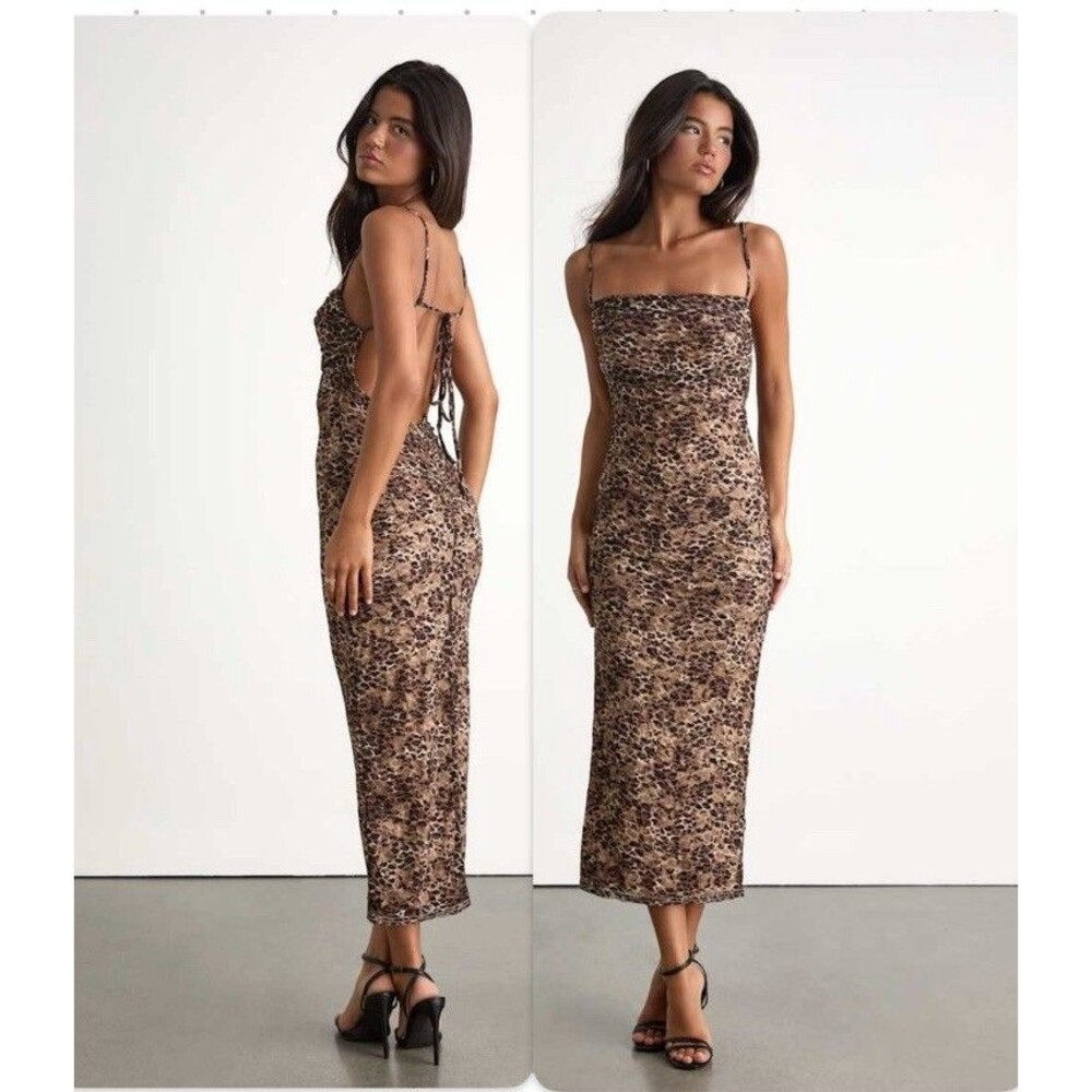 Lulus Brown Leopard Mesh Bodycon Midi Dress NWT Size L Large